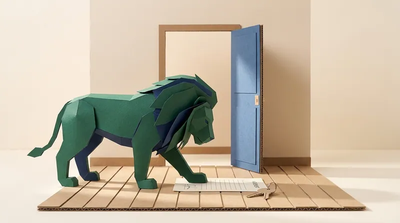 Paper-craft scene: a tenement doorway with a signed agency agreement lying open on the floor, a set of keys resting on the page, and the paper lion lowering its head to place one paw on the signature line