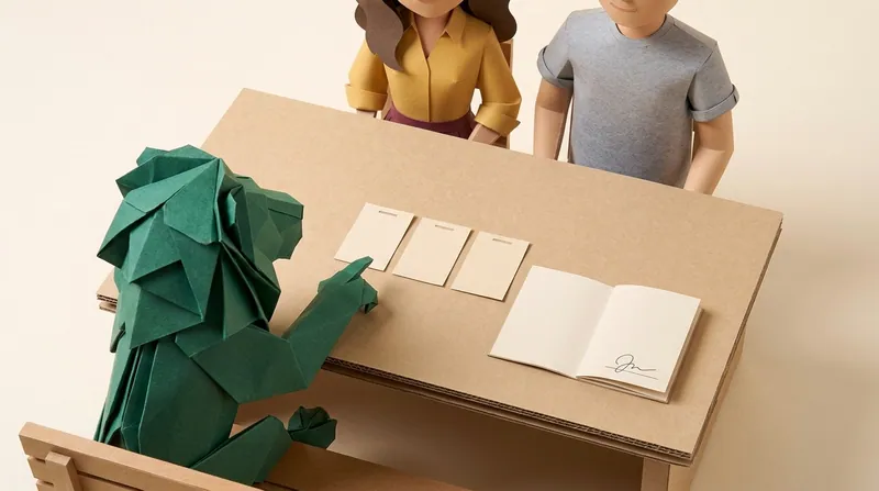Paper-craft scene: a signed agency agreement lying open on a tribunal table beside a row of dated paper message slips, with the paper lion leaning in and pointing one paw at the earliest date
