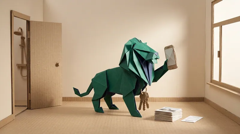 Paper-craft scene: a folded paper lion stands alone in the middle of a freshly vacated flat, holding paper keys in one paw and raising a paper phone in the other to photograph the bare wall; on the floor lie two paper stacks — a thick pile of photographs and, beside it, one small receipt