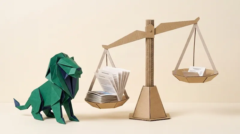 Paper-craft scene: a balance scale built from folded cardboard, a thick stack of paper photographs and a folded tenancy agreement on the left pan, one small paper receipt on the right, the beam tipping toward the heavy side, with a folded paper lion standing beside it