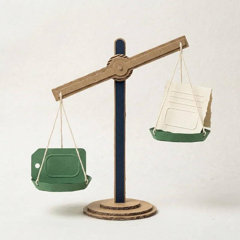 Paper-craft balance scale weighing an estate agent's licence against a blank unsigned agreement