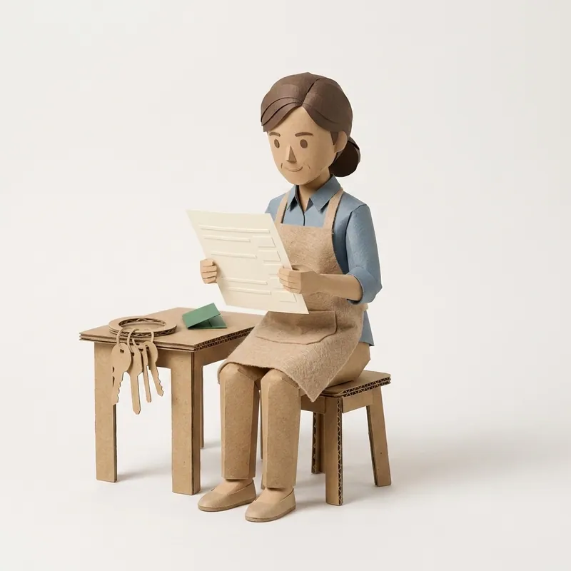 Paper-craft figure reading viewing records beside a set of keys