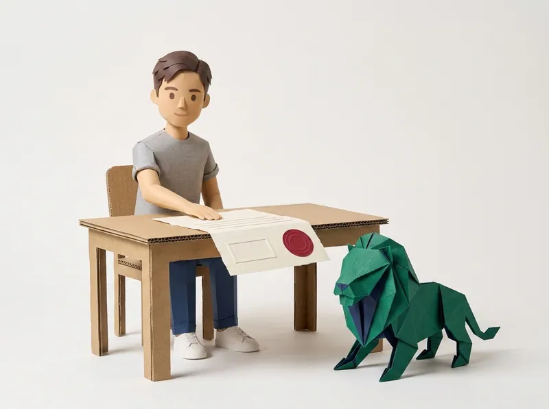 Paper-craft estate agent handing a residential agency agreement to a client, paper lion alongside