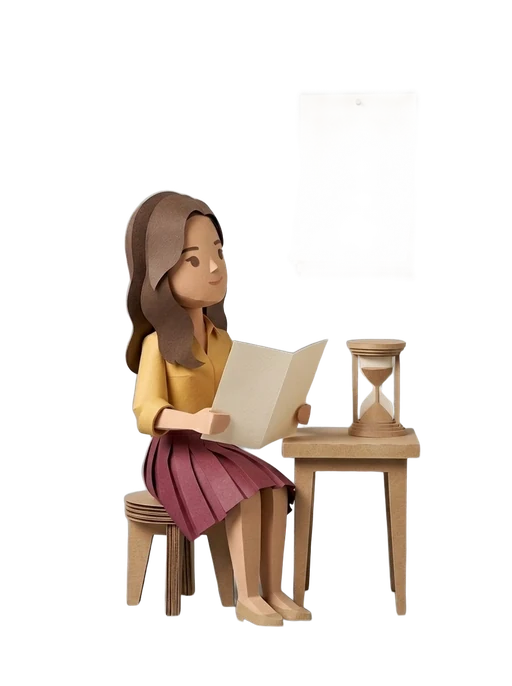 Paper-craft figure seated with a prepaid contract, looking up at a blank paper wall calendar