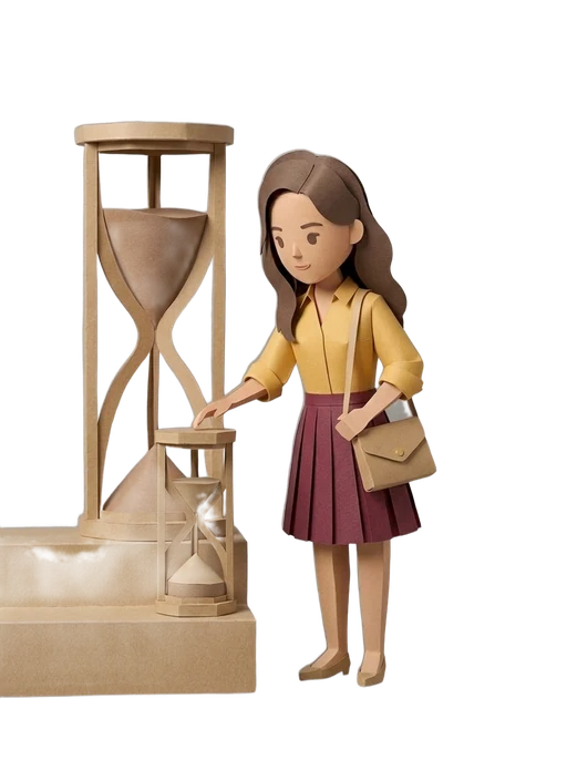 Paper-craft figure reaching for the smaller of two paper hourglasses standing side by side