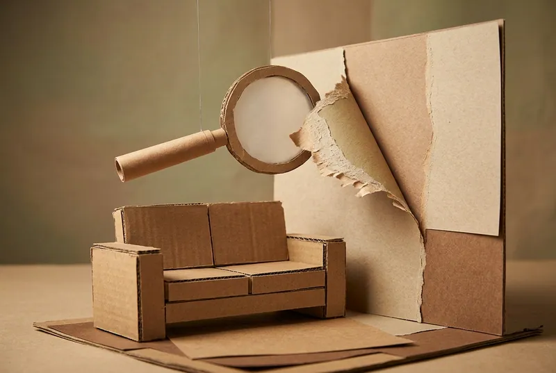 Paper-craft scene: a paper sofa and peeling wall paint under a magnifying glass, distinguishing fair wear and tear from actual damage.