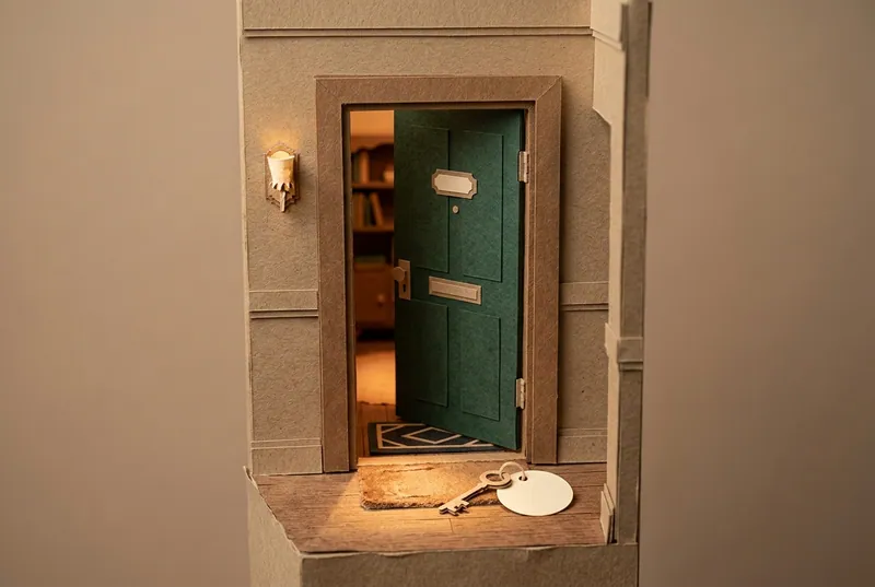 Paper-craft scene: keys being handed back at a doorframe, standing for handover and the point at which a deposit-return deadline starts to run.