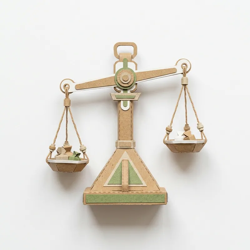 A paper-craft scale tipped slightly to one side, standing for weighing each deposit deduction against whether it has a basis in the tenancy and proof of actual loss.