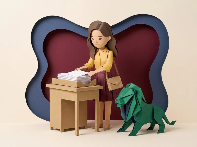 Paper-craft character organising claim forms at a filing desk, with the paper-craft lion seated beside the desk