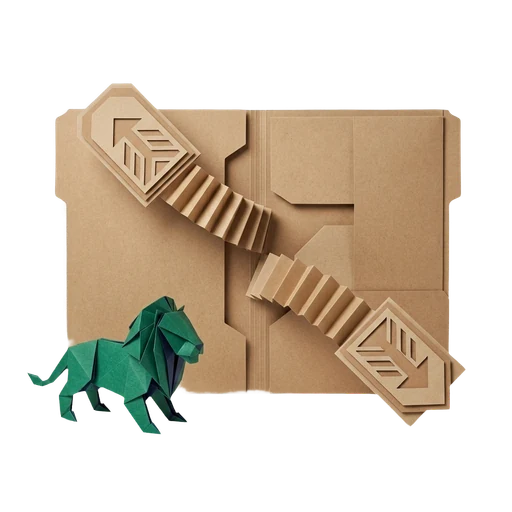 Paper-cut lion beside one open case file with two outcome tags branching from it