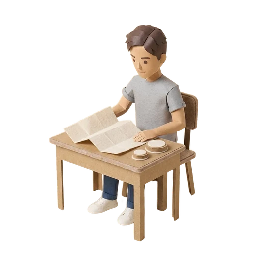 Paper-cut landlord at a desk reviewing a tenancy agreement beside two unmarked document stamps