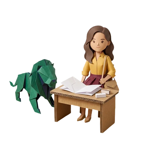 Paper-cut landlord at a desk reviewing a tenancy agreement beside two unmarked document stamps