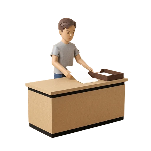 Paper-cut landlord handing a folded filing bundle across a tribunal registry counter