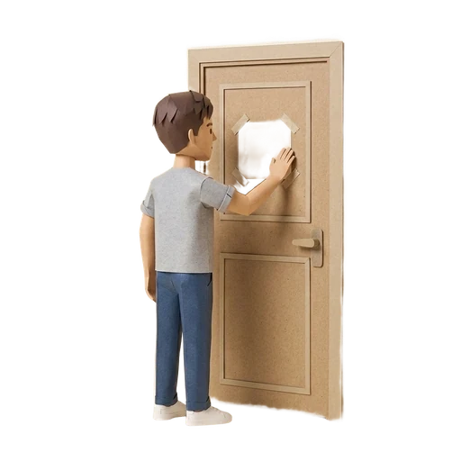 Paper-cut hand fixing a sealed tribunal notice to the outside of a flat door