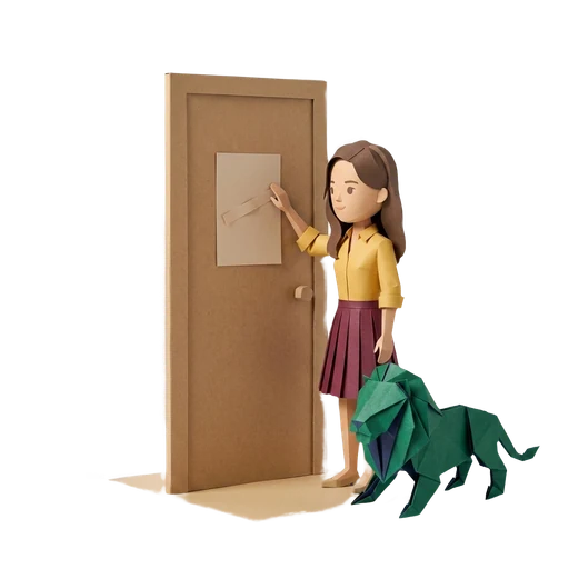 Paper-cut landlord taping one notice to the outside of a flat door, lion standing beside her