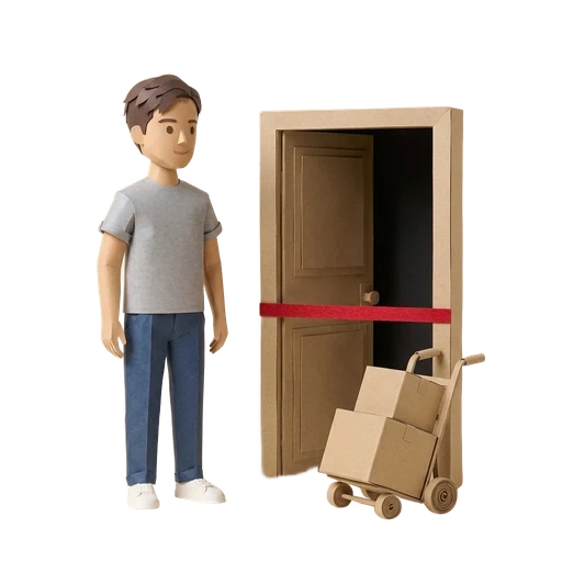 Paper-cut open doorway with a seal and a trolley of boxes while the landlord stands aside for the bailiff