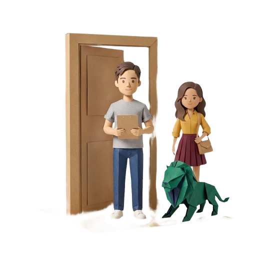 Paper-cut bailiff holding a clipboard in the doorway, the landlord standing beside him, lion beside her