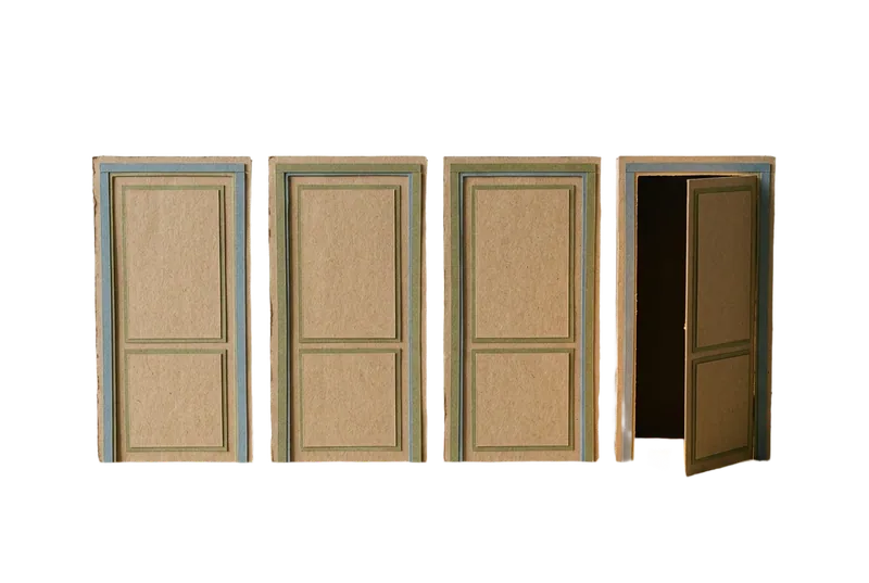 Paper-craft row of doors, one standing ajar with light spilling through