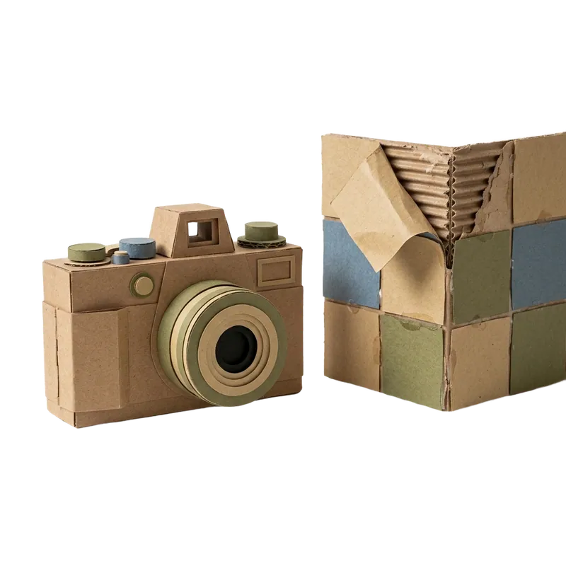 Paper-craft camera beside an unfinished cardboard wall corner