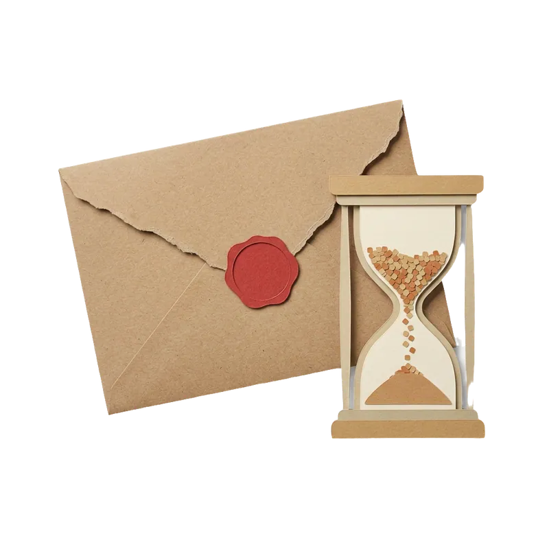 Paper-craft demand-letter envelope and an hourglass
