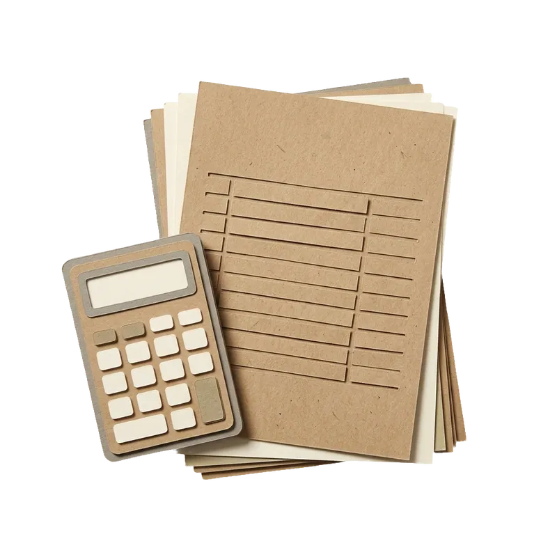 Paper-craft stack of invoices and a calculator