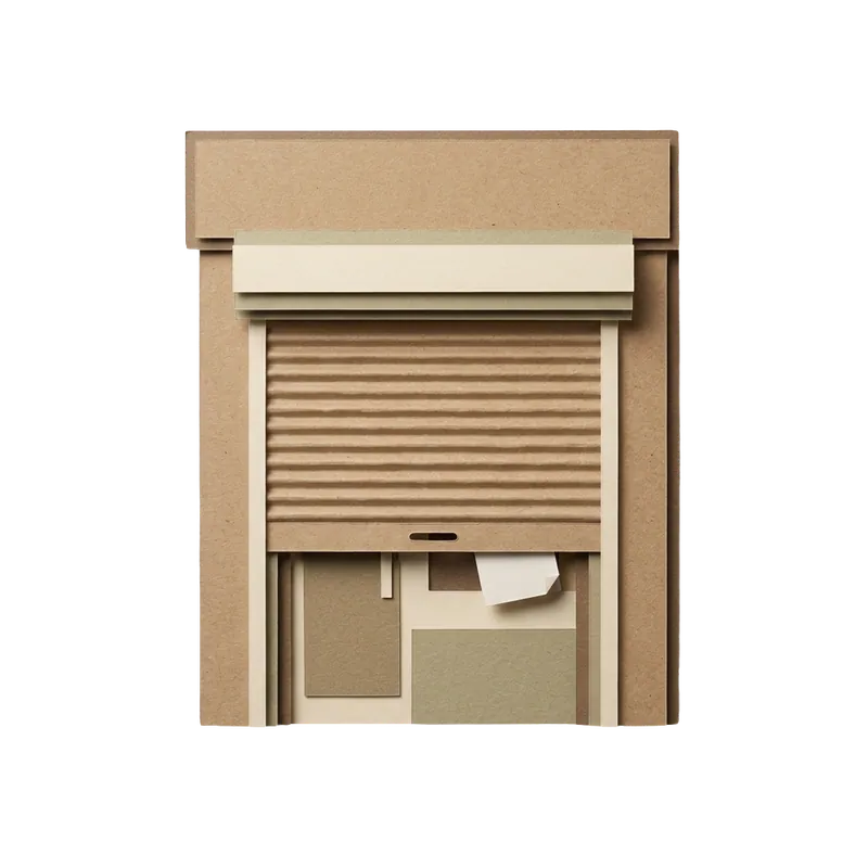Paper-craft shuttered storefront with a claim slip under the door