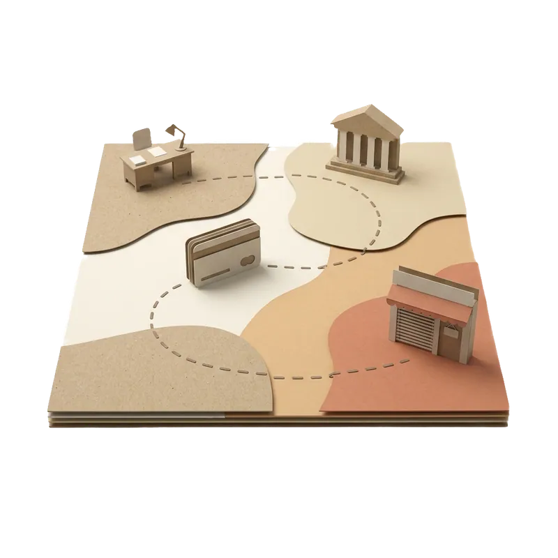Paper-craft route map: the recovery path from mediation and a card chargeback through to the Small Claims Tribunal