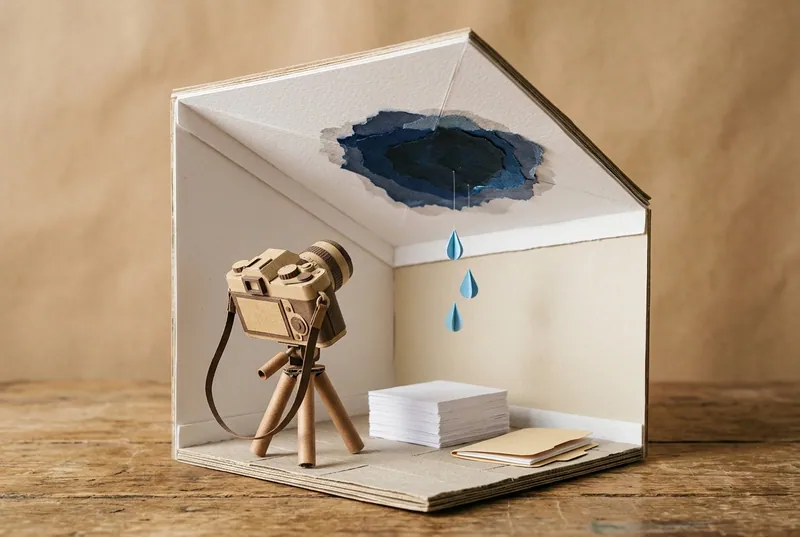 Paper-craft scene: a damp ceiling stain being recorded by a paper camera, standing for preserving evidence before a report exists.