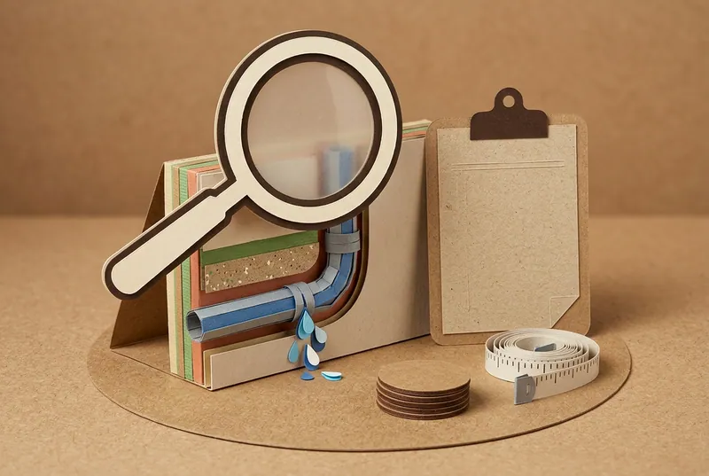 Paper-craft scene: a magnifying glass examining a leaking wall pipe beside a paper report board, standing for an independent expert report and its cost.