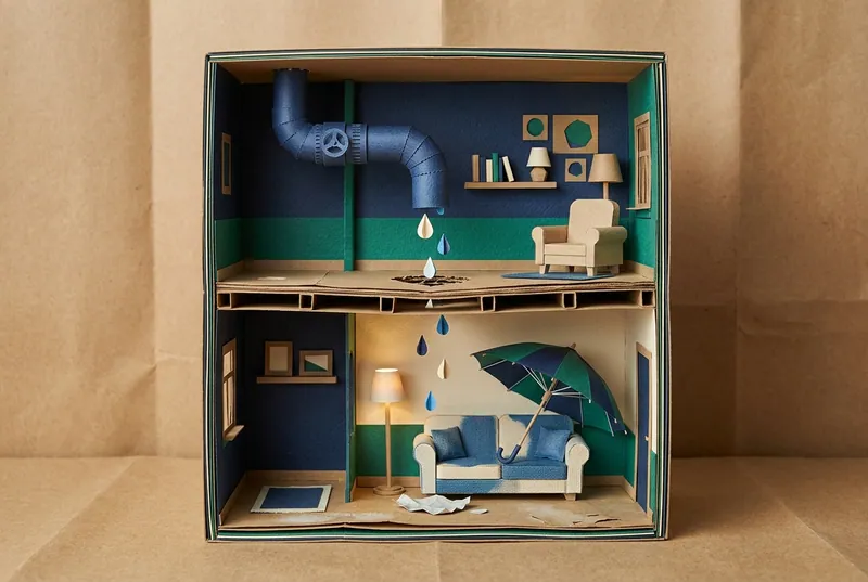 Paper-craft scene: a cross-section of two stacked units, an upstairs leak dripping to the furniture below, standing for the relationship between a tenant and the upstairs unit.